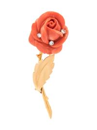 VAN CLEEF & ARPELS, CORAL AND DIAMOND ROSE BROOCH