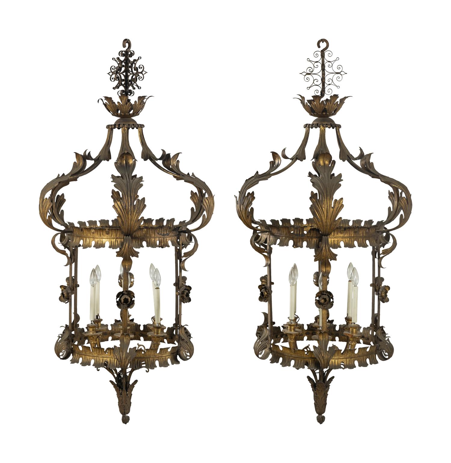 A Pair of Gilt Tôle, Glass and Giltwood Hall Lanterns from the Embassy of Italy, Washington, D.C.