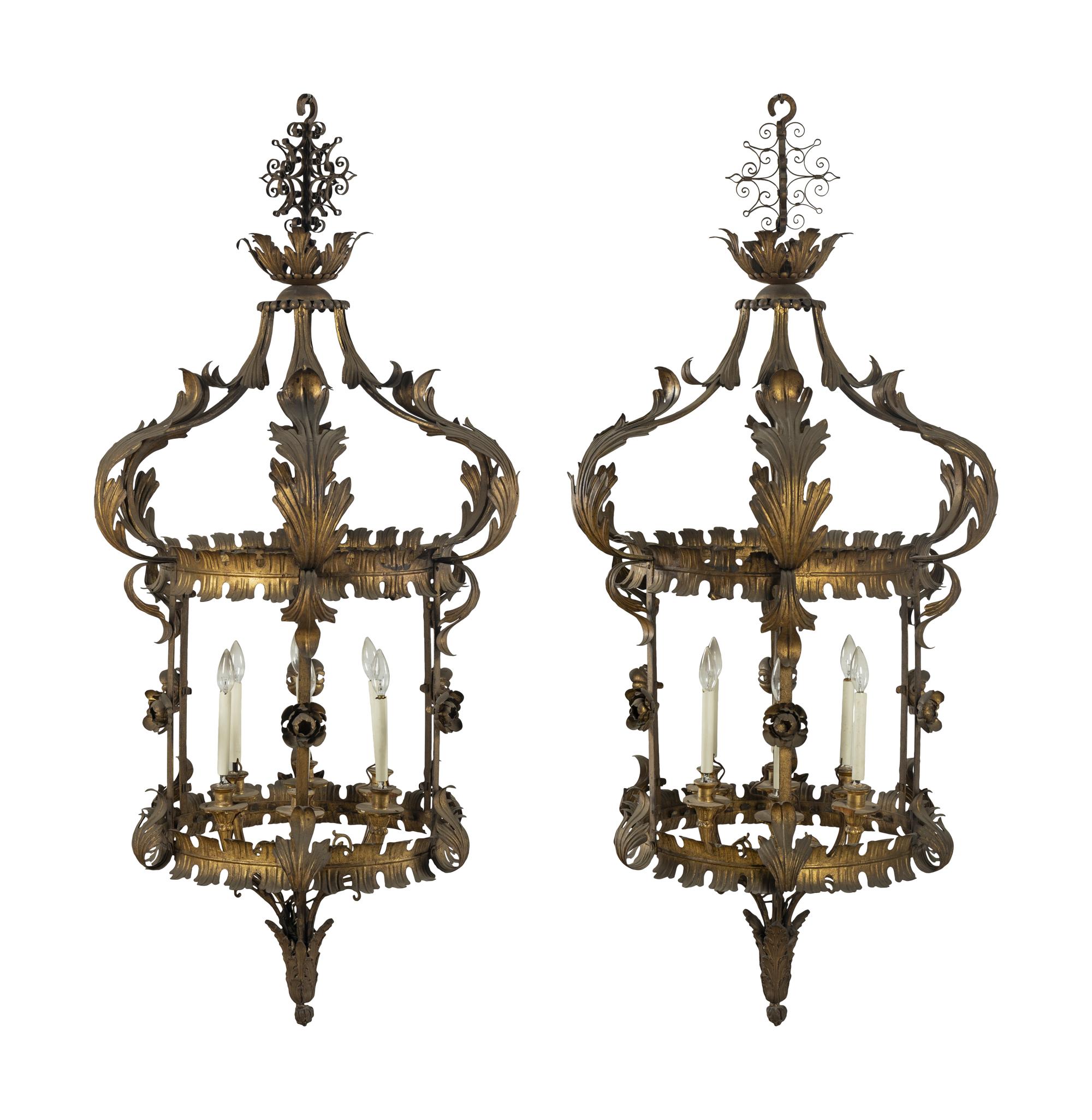 A Pair of Gilt Tôle, Glass and Giltwood Hall Lanterns from the Embassy of Italy, Washington, D.C.