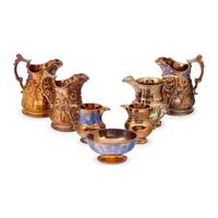 A Group of Six Staffordshire Lustreware Pitchers or Creamers Together with a Bowl