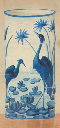 A Framed Gouache Illustration for a Porcelain Vase or Stick Stand