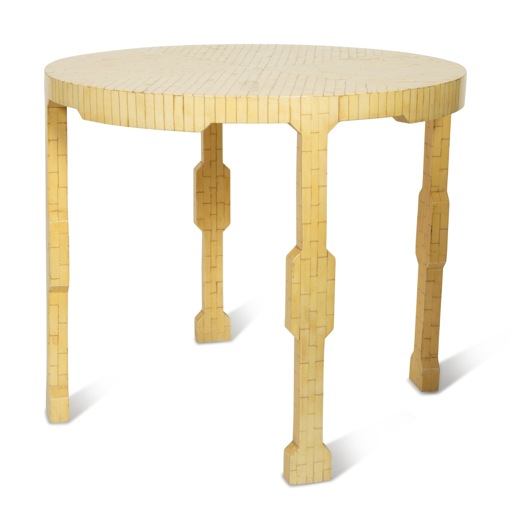 A Mid-Century Modern Tesselated Bone Veneered Circular Table in the Style of Karl Springer