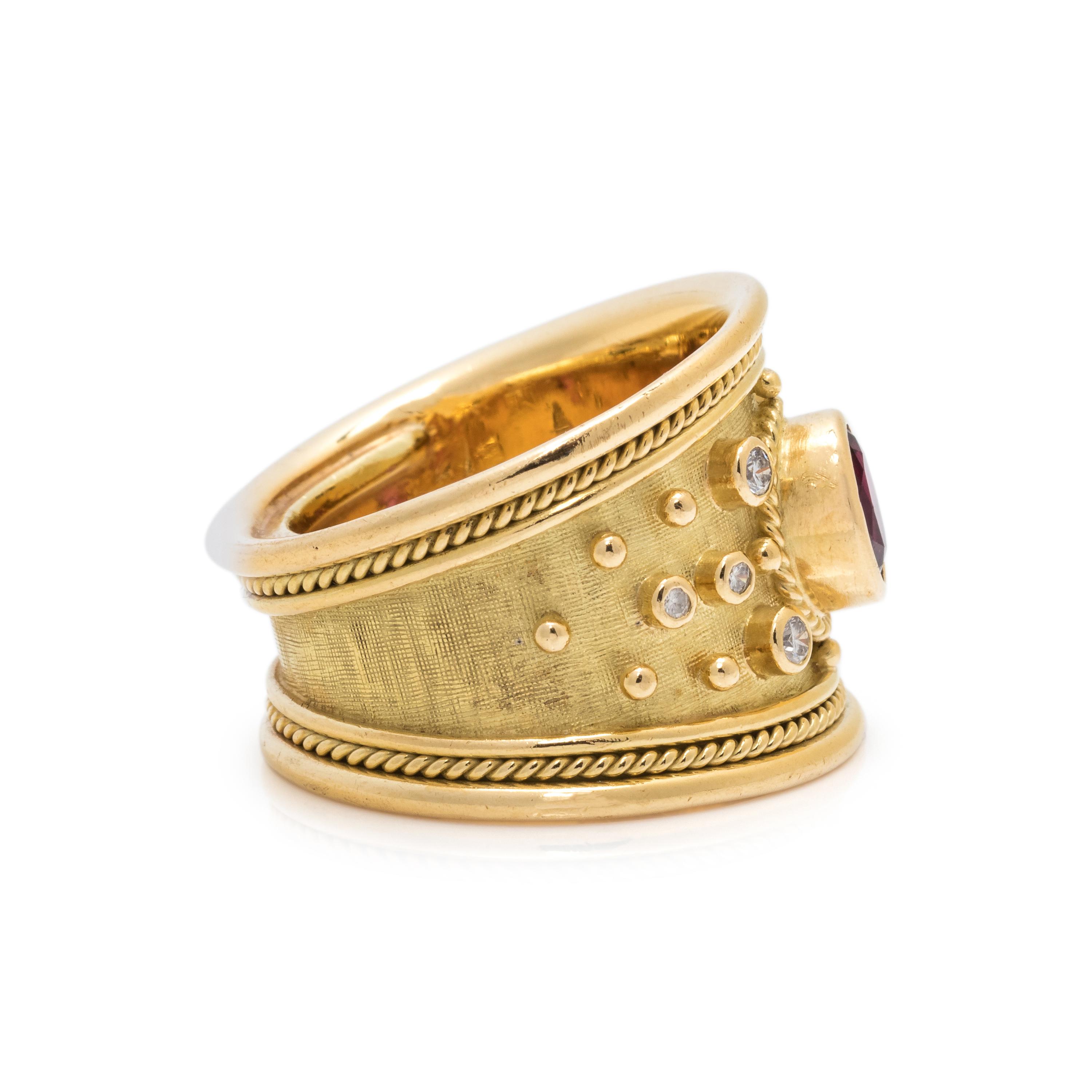 ELIZABETH GAGE, YELLOW GOLD, RUBY AND DIAMOND RING