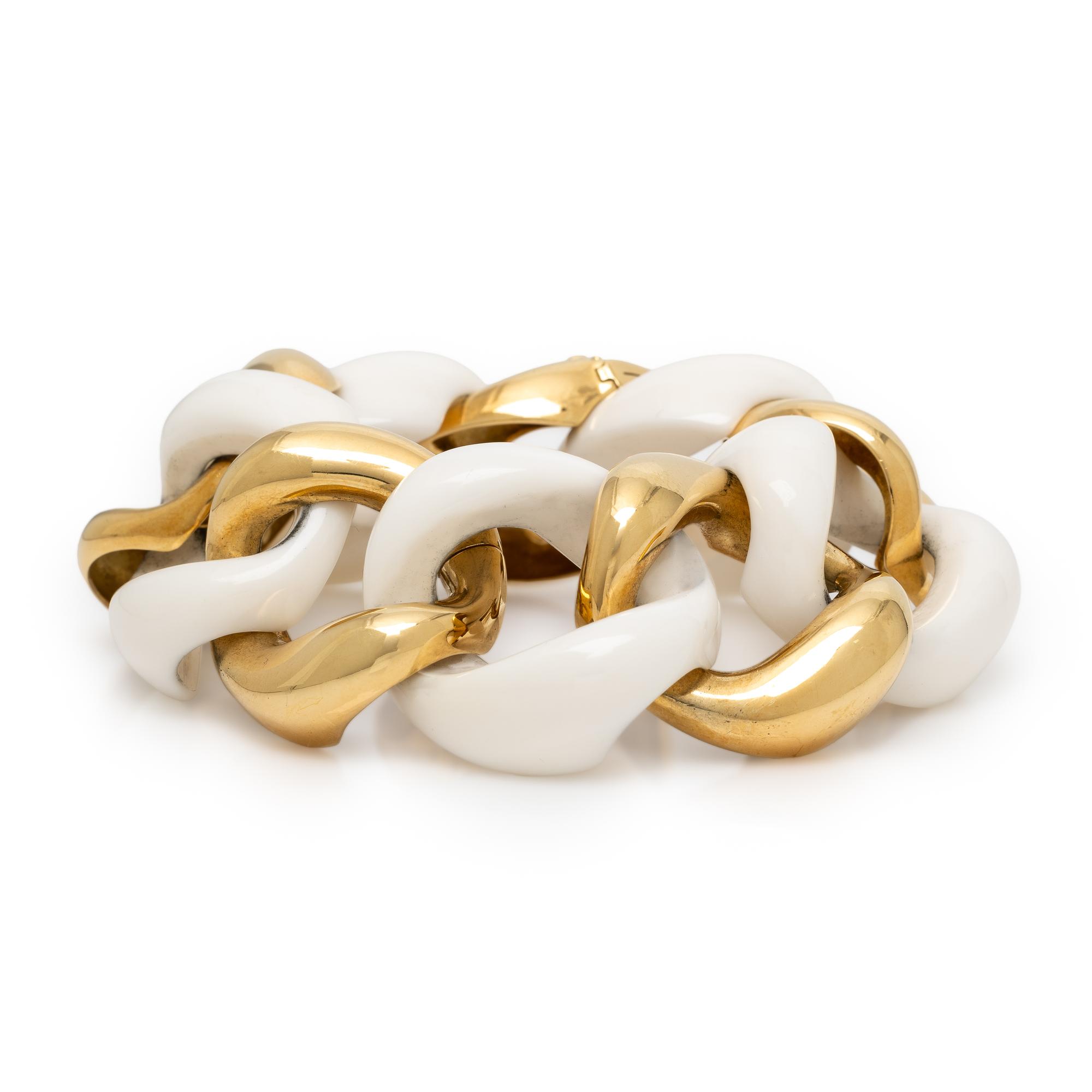 Seaman Schepps, 'Classic Link', Yellow Gold and Cacholong Bracelet