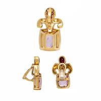 Kunzite, Ruby, and Yellow Gold Pendant and Earrings