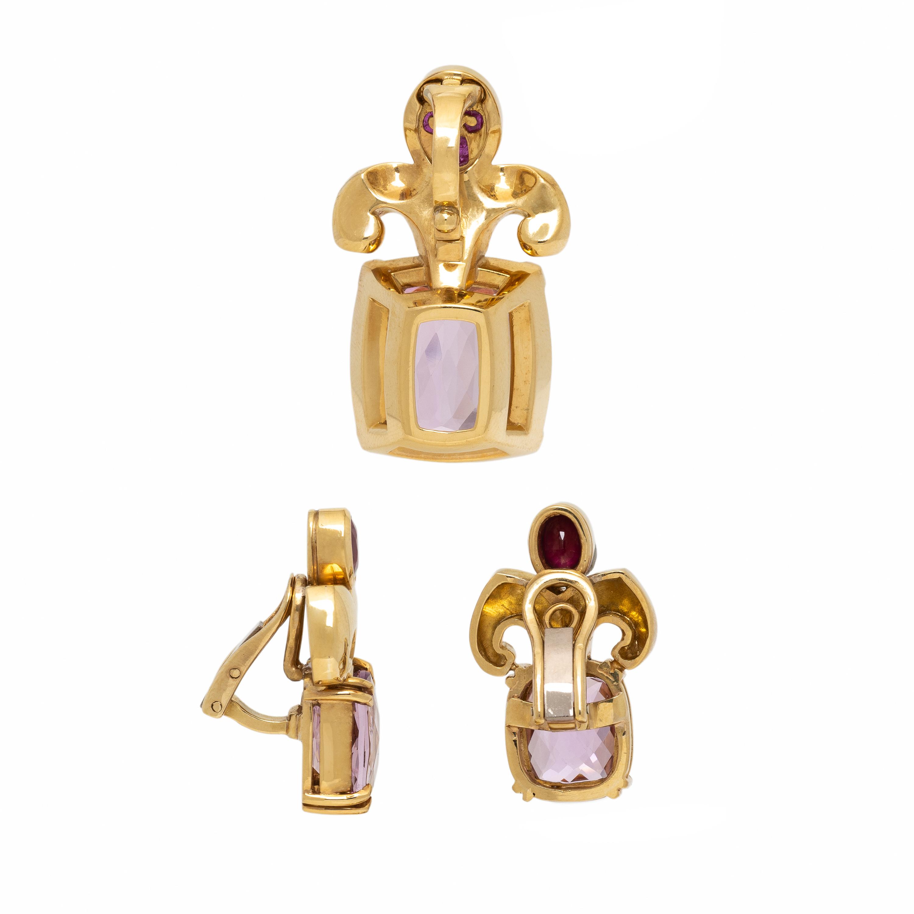 Kunzite, Ruby, and Yellow Gold Pendant and Earrings