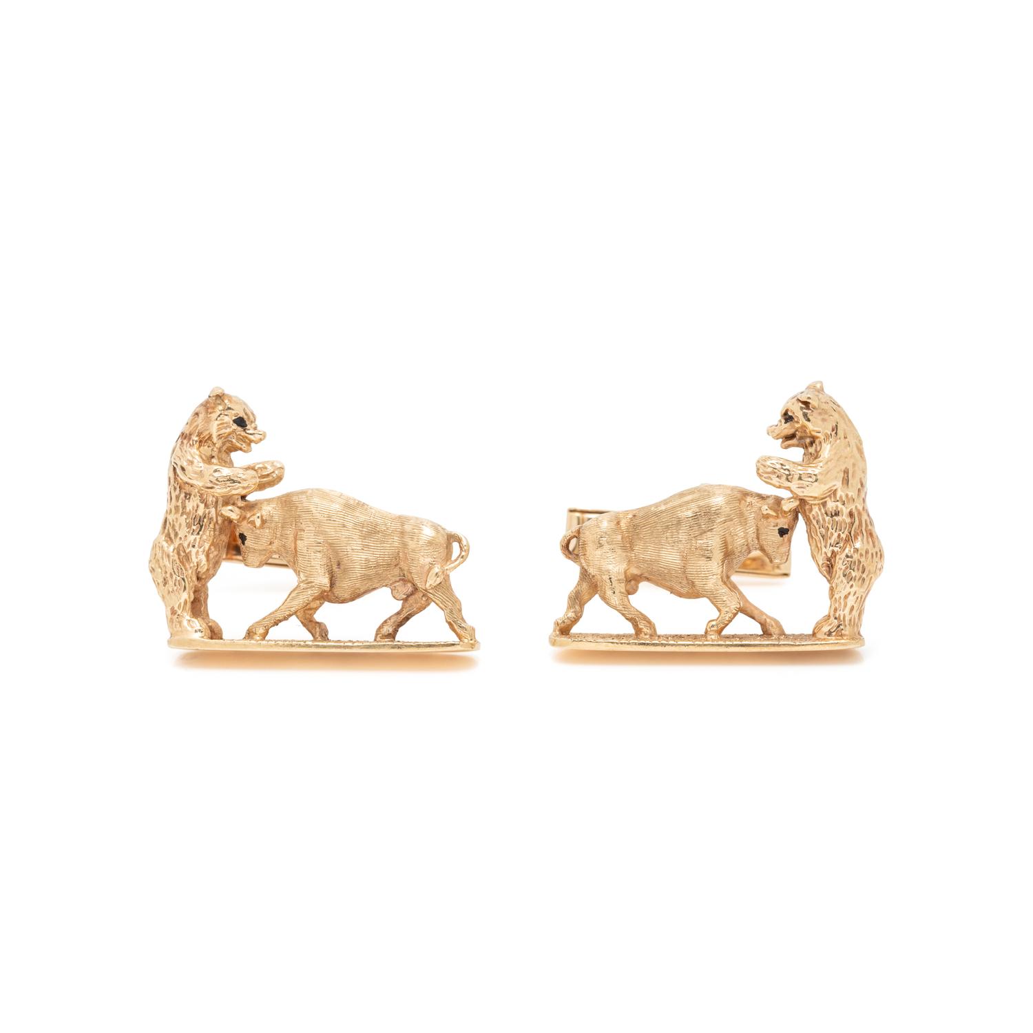 YELLOW GOLD AND ENAMEL BULL AND BEAR CUFFLINKS