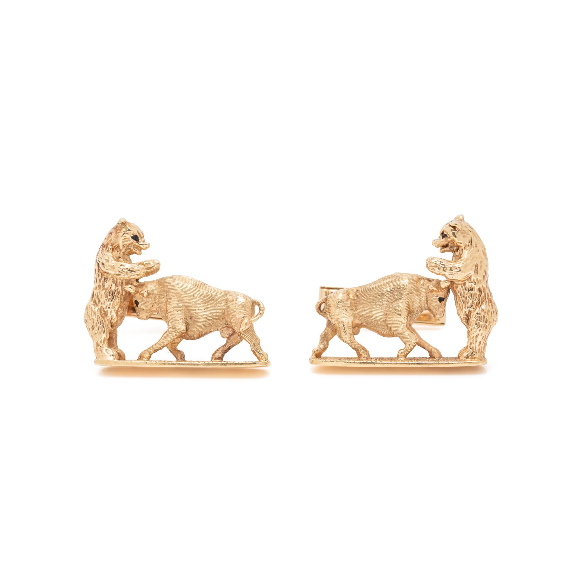 YELLOW GOLD AND ENAMEL BULL AND BEAR CUFFLINKS