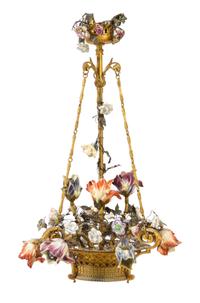 A Gilt Bronze and Porcelain Chandelier Height 28 x diameter 17 inches. — LATE 19TH CENTURY
