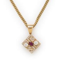 DIAMOND, RUBY, AND YELLOW GOLD PENDANT NECKLACE