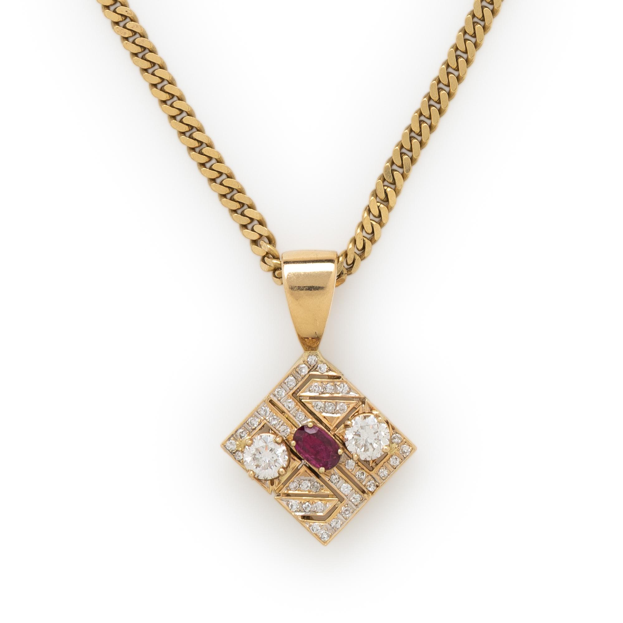 DIAMOND, RUBY, AND YELLOW GOLD PENDANT NECKLACE