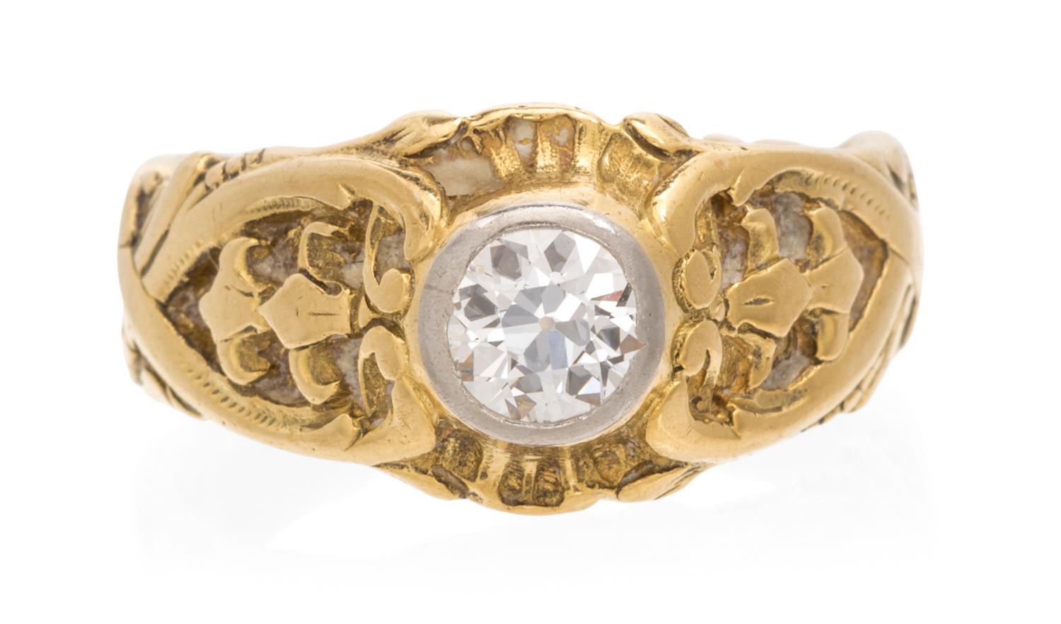 An Art Nouveau Yellow Gold, Platinum and Diamond Ring, 5.80 dwts.