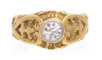 An Art Nouveau Yellow Gold, Platinum and Diamond Ring, 5.80 dwts.