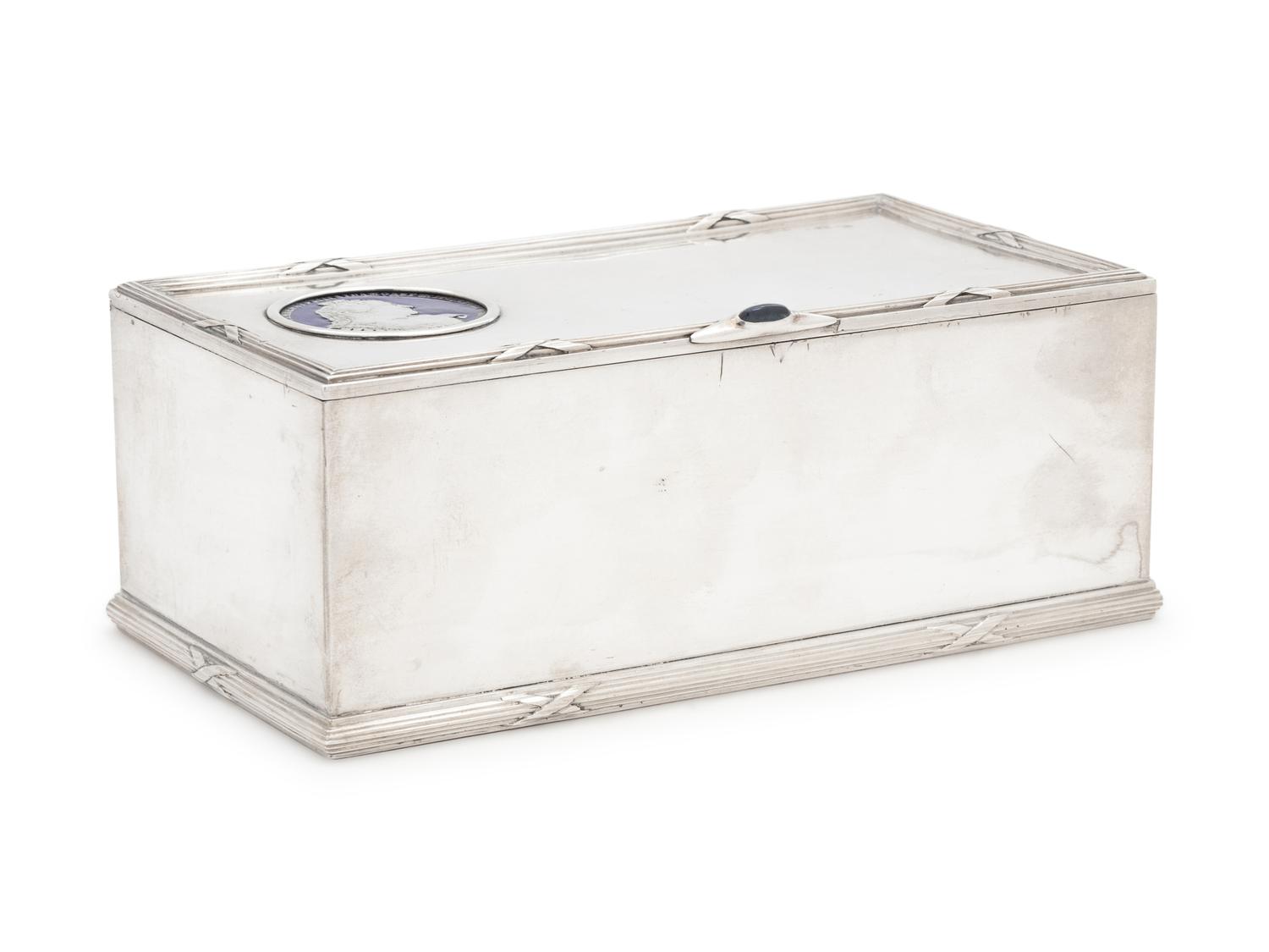 A Russian Silver and Enameled Coin-Inset Table-Top Cigarette Box