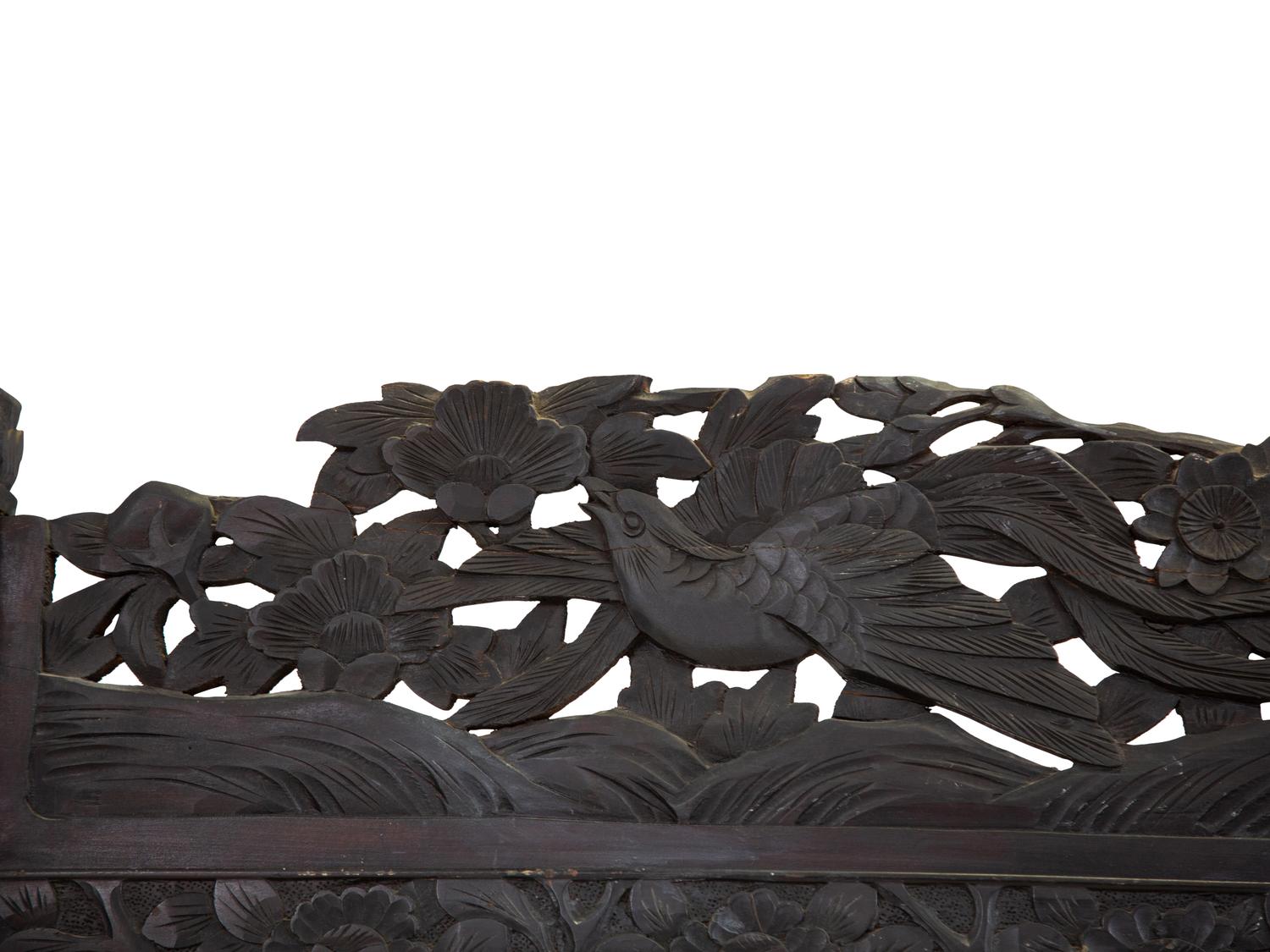 A Japanese Carved Hardwood Two-Panel Screen