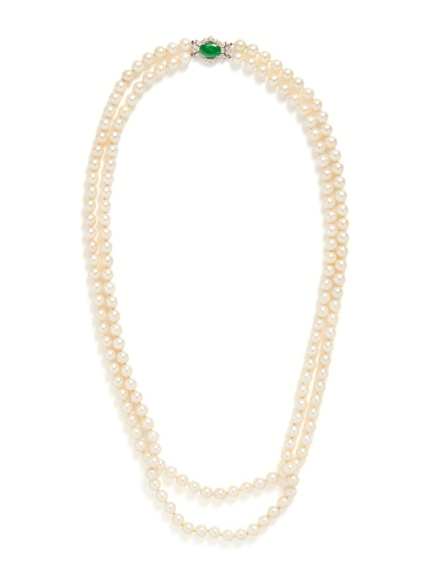 CULTURED PEARL, PLATINUM, DIAMOND AND JADE NECKLACE