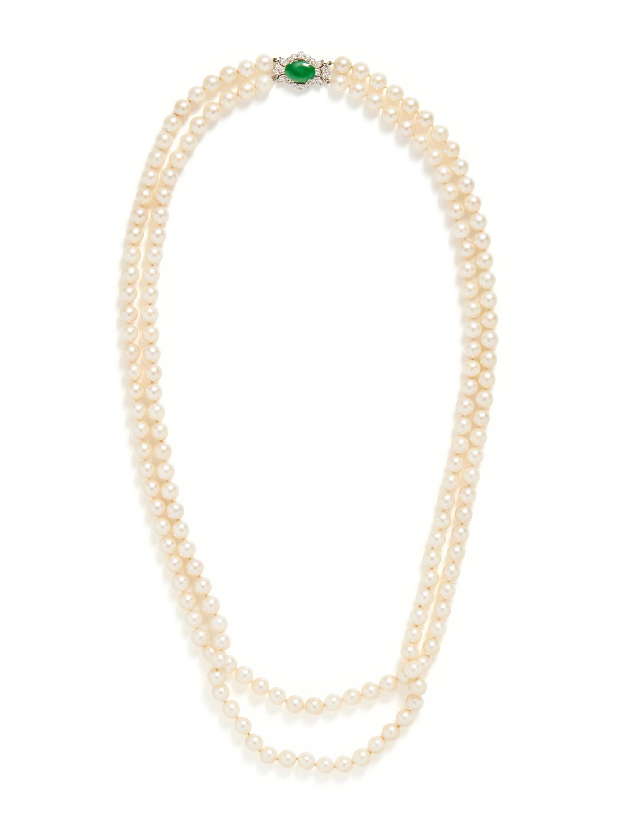 CULTURED PEARL, PLATINUM, DIAMOND AND JADE NECKLACE