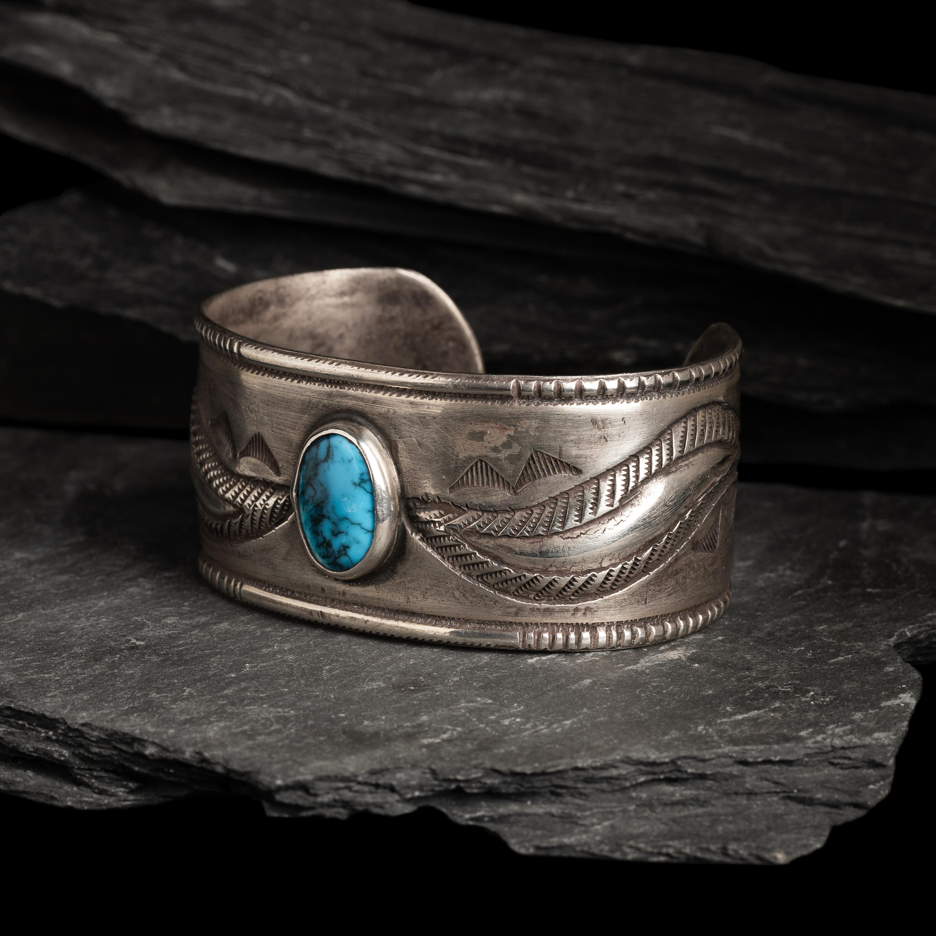Navajo Ingot and Turquoise Cuff Bracelet