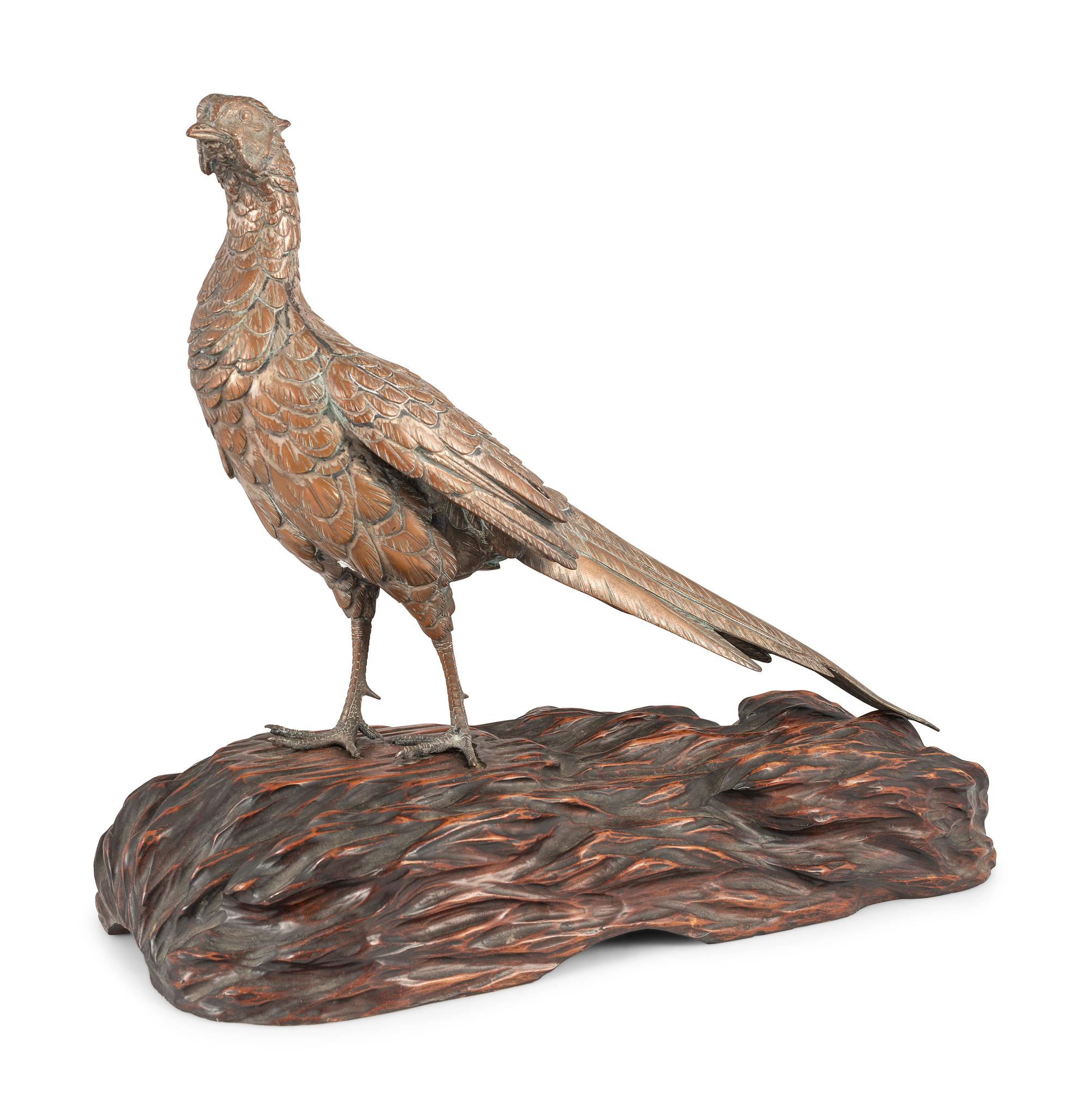 A Silvered Bronze Pheasant on a Wood Stand