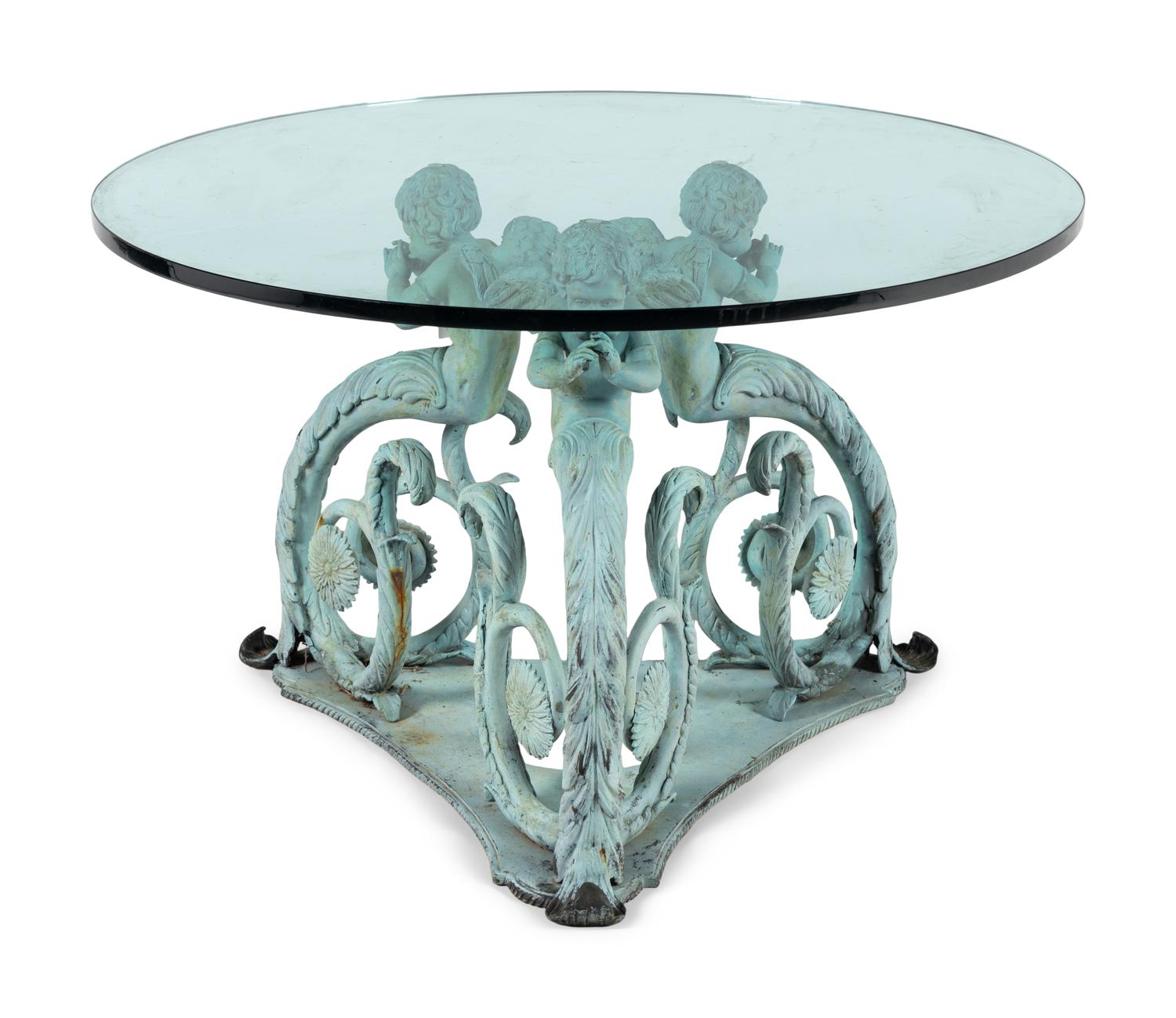 A Patinated Bronze and Glass Garden Table