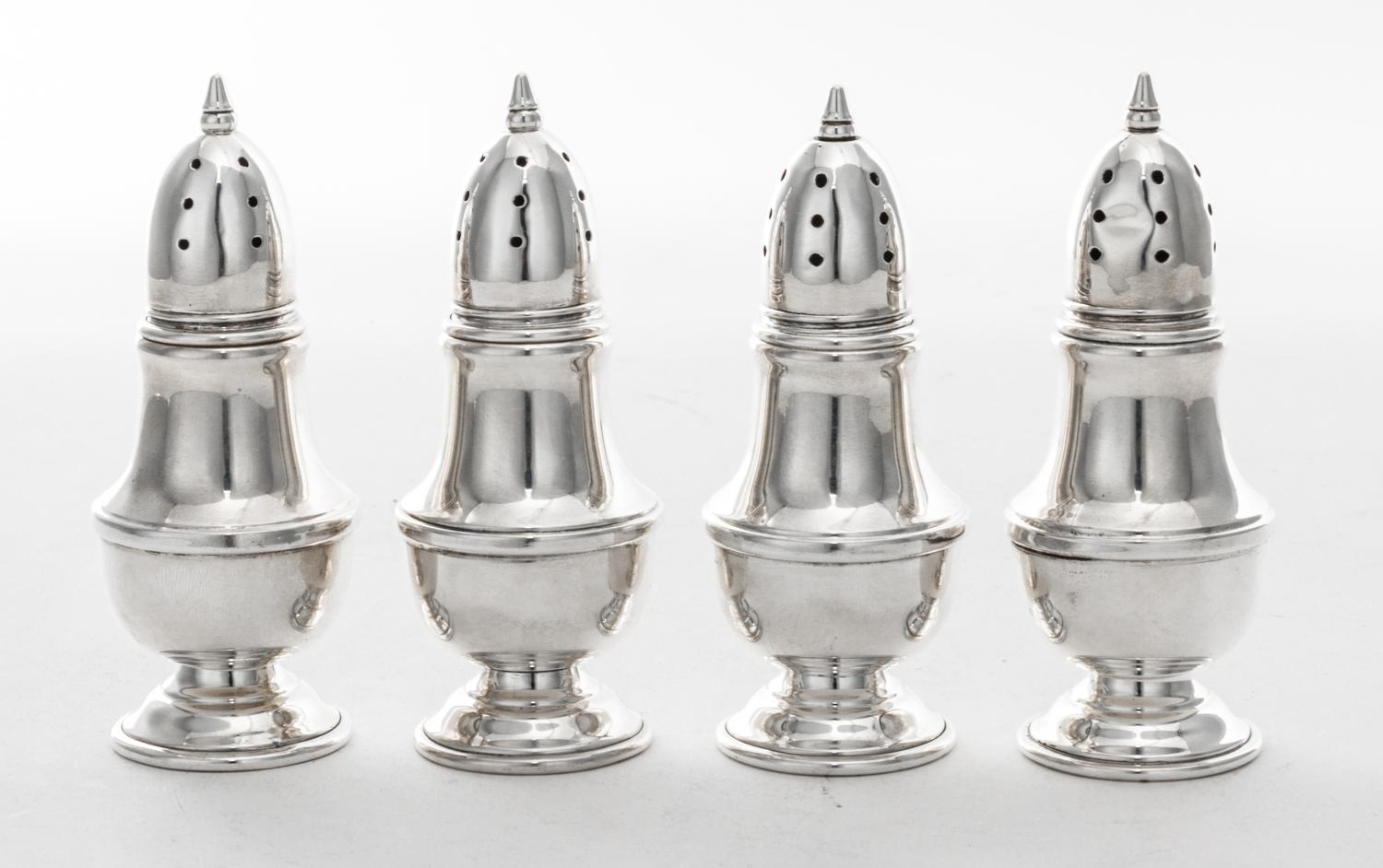Four American Silver Small Casters, Mauser Mfg. Co., New York, NY Circa 1900, of baluster form.