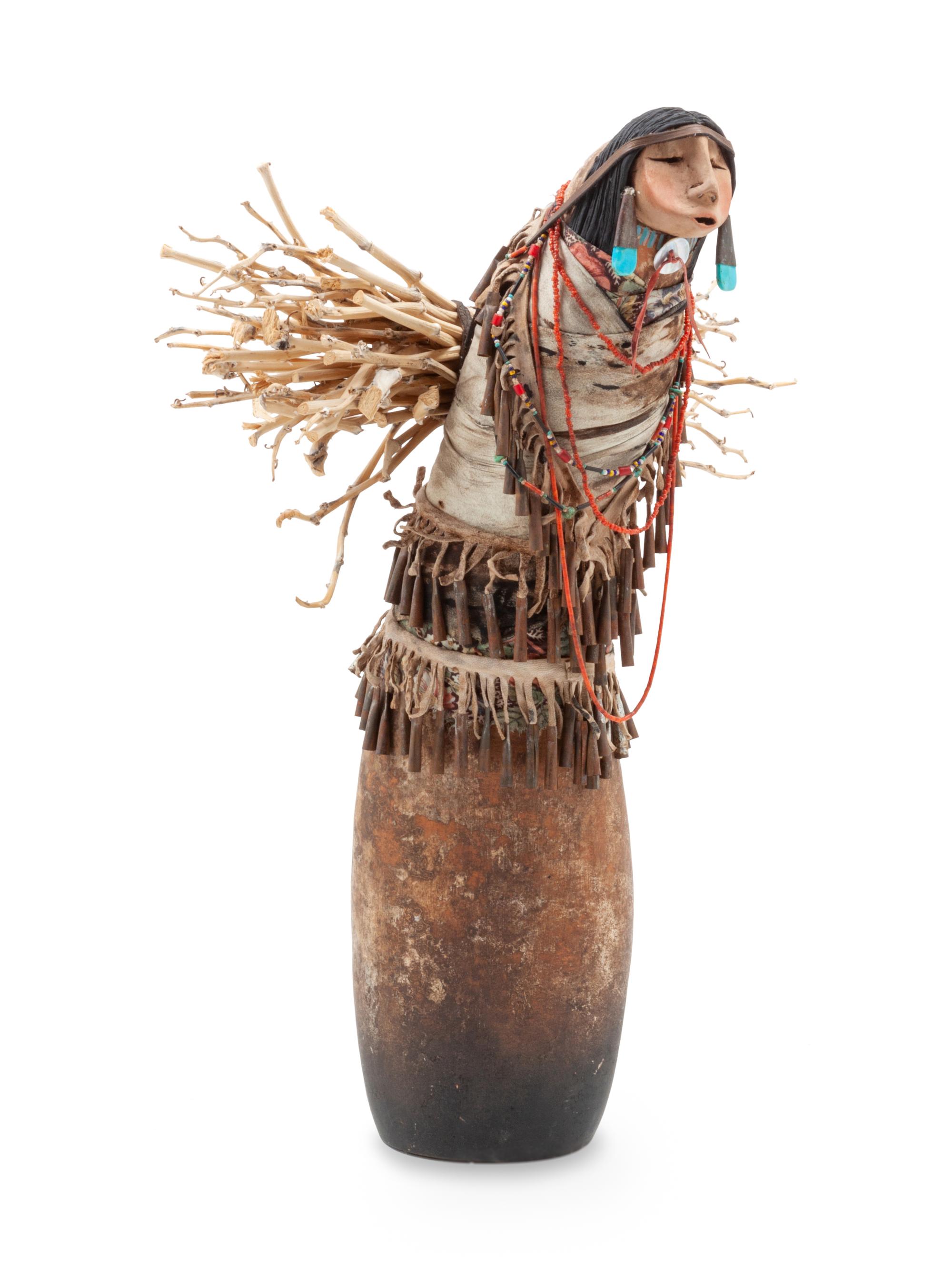 Apache Stick Lady with Turquoise Earrings