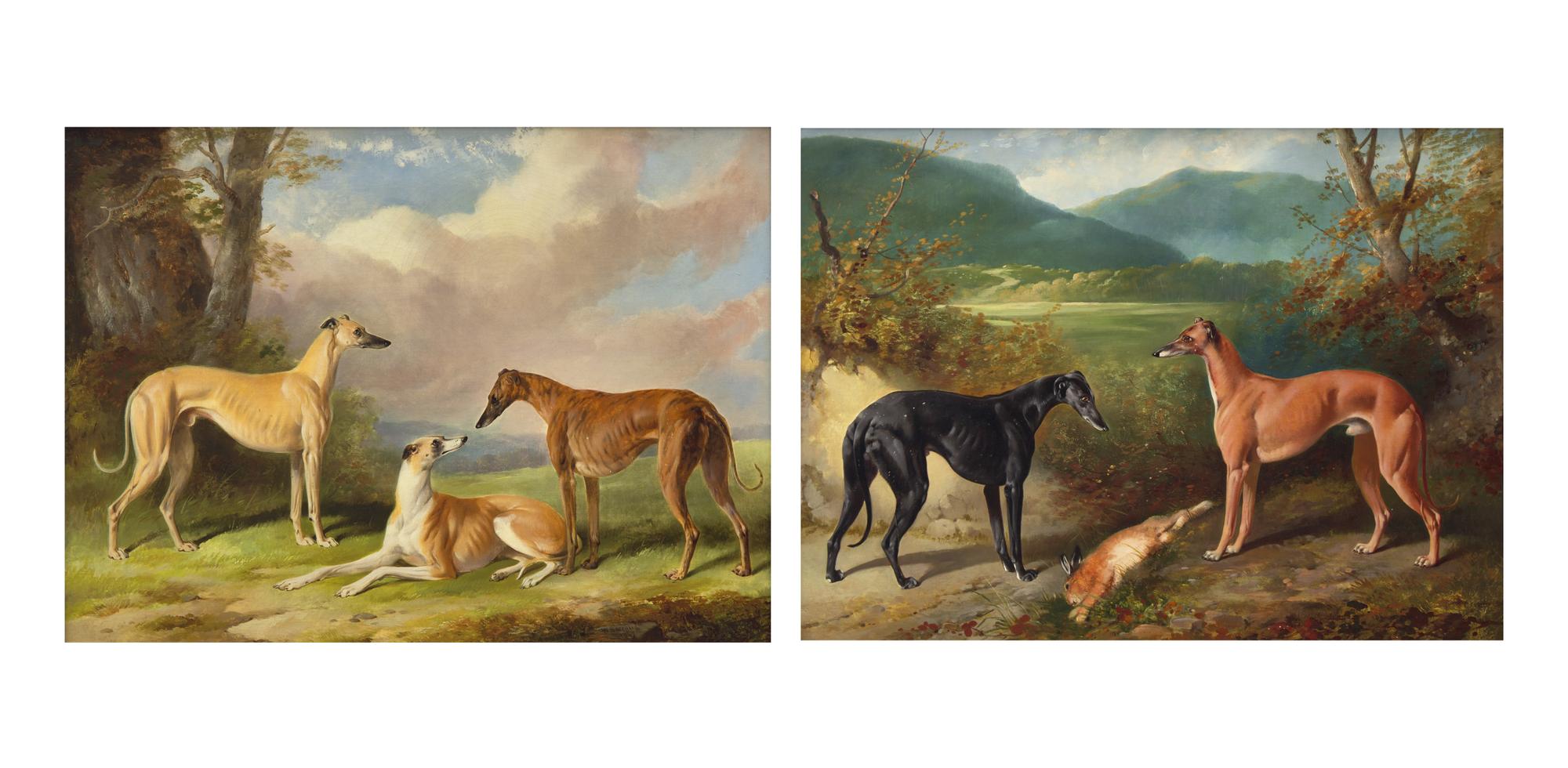 Three Greyhounds; together with Two Greyhounds with a Hare (A Pair)