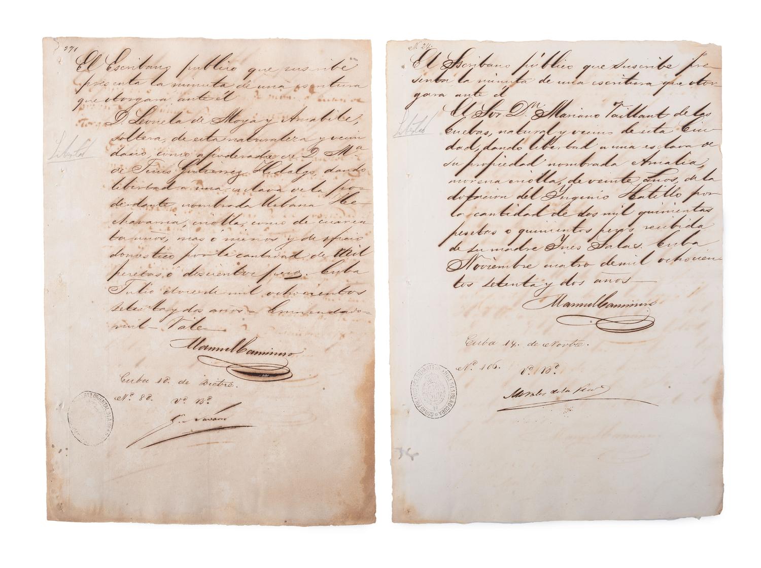 [SLAVERY & ABOLITION]. A group of 12 manumission documents for enslaved persons in Cuba. 1871-1879.