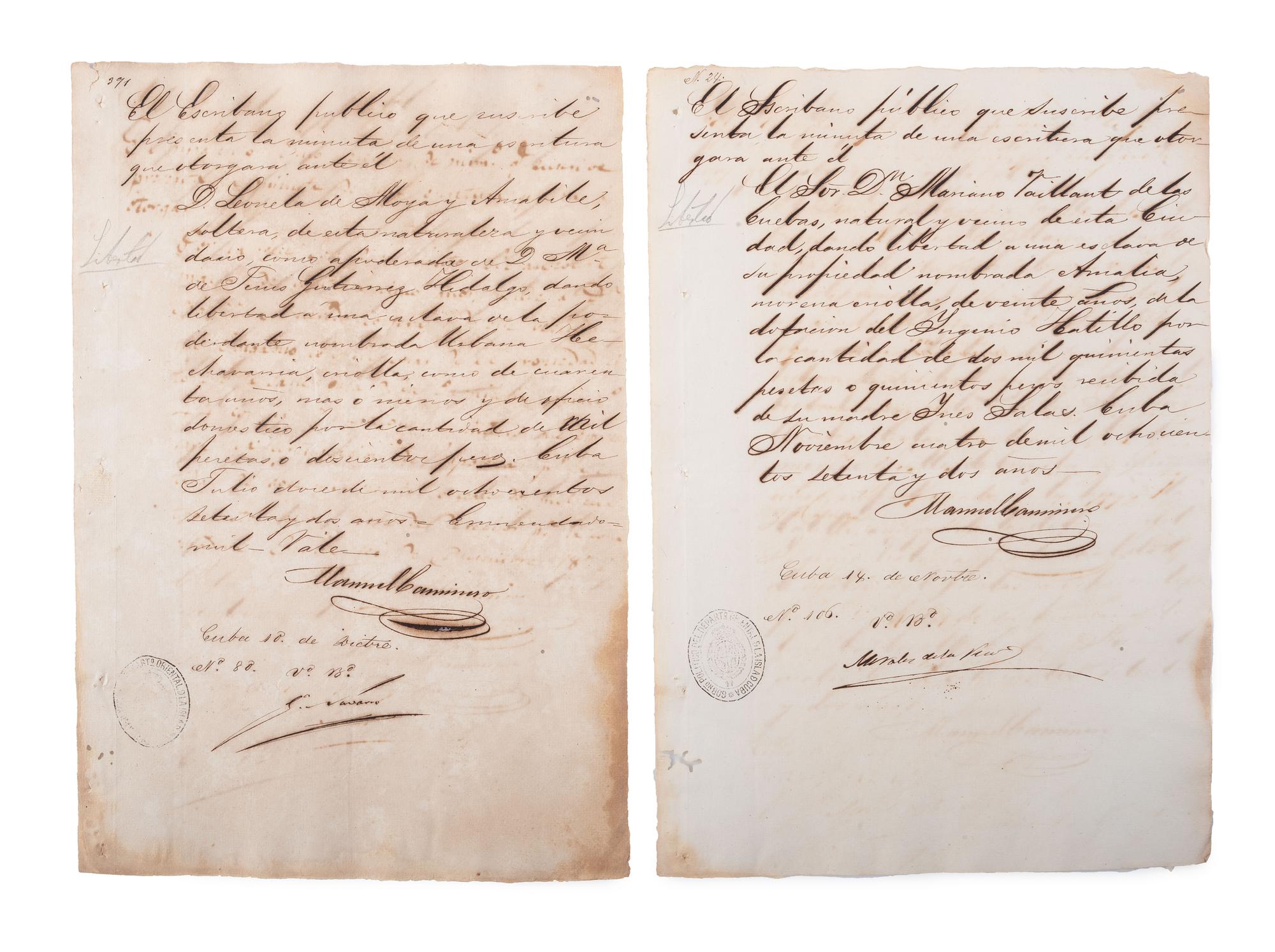 [SLAVERY & ABOLITION]. A group of 12 manumission documents for enslaved persons in Cuba. 1871-1879.