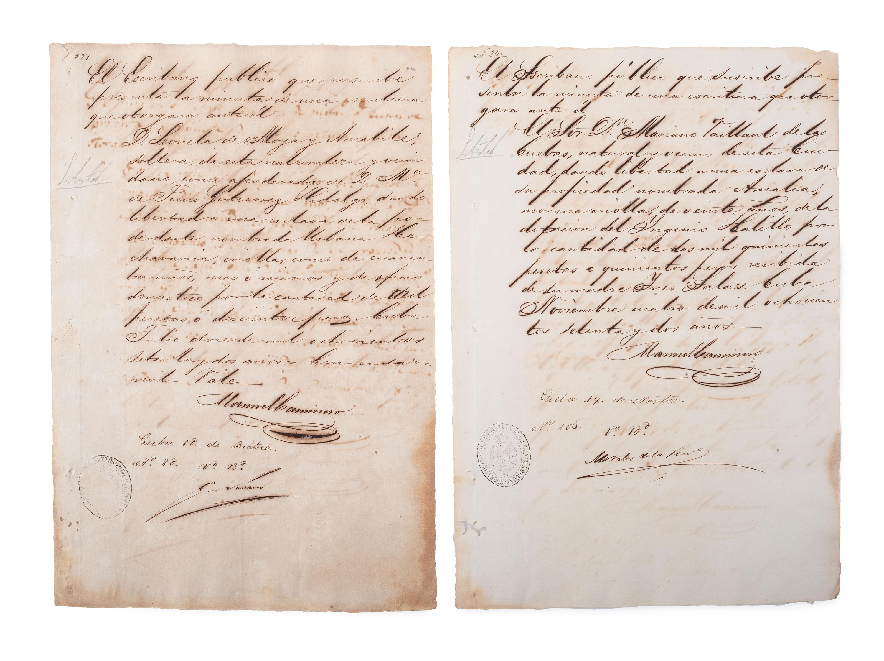 [SLAVERY & ABOLITION]. A group of 12 manumission documents for enslaved persons in Cuba. 1871-1879.