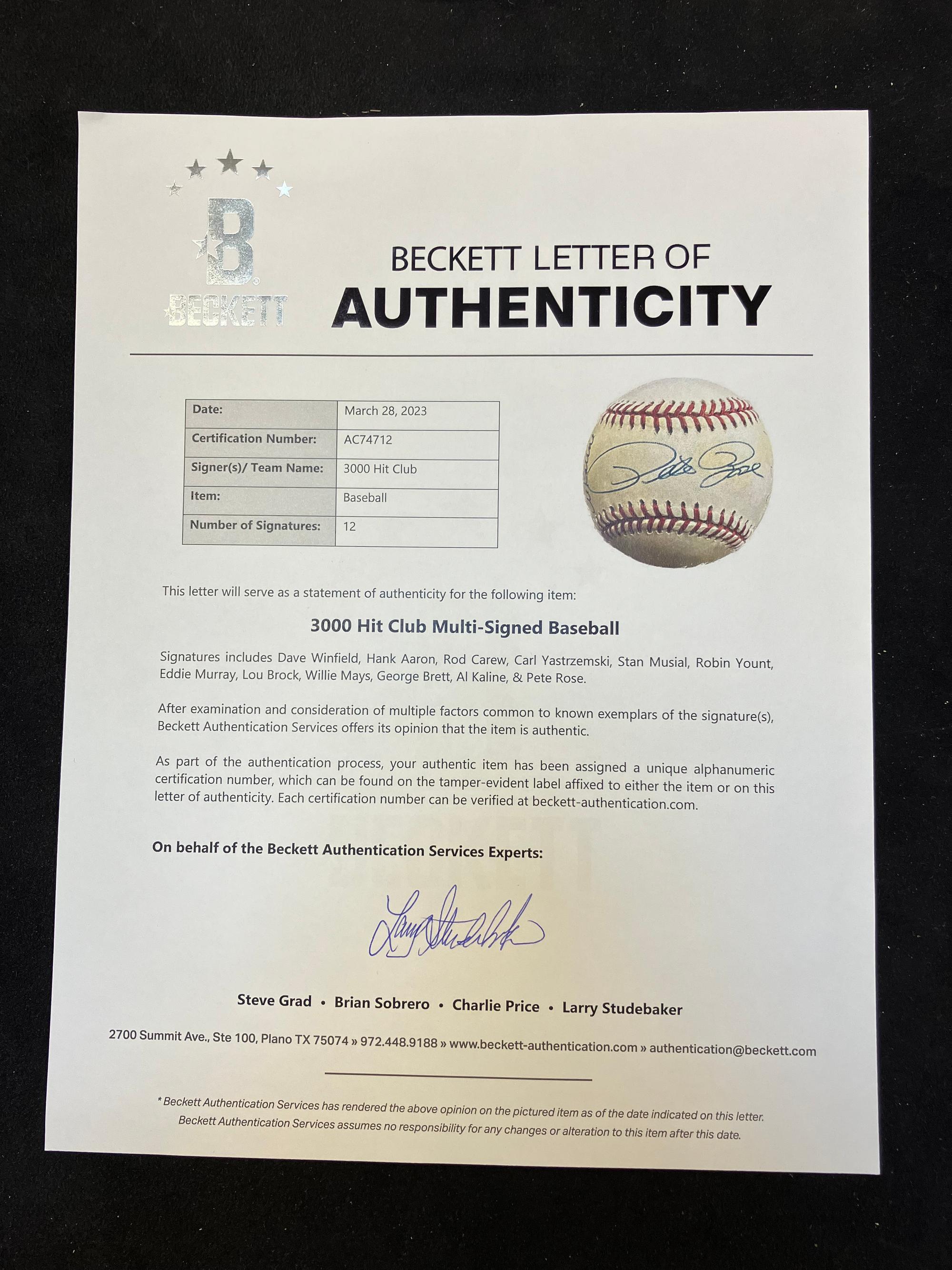 A 3,000 Hit Club Signed Autograph Baseball / 12 Signatures (Beckett Authentication Services Letter)