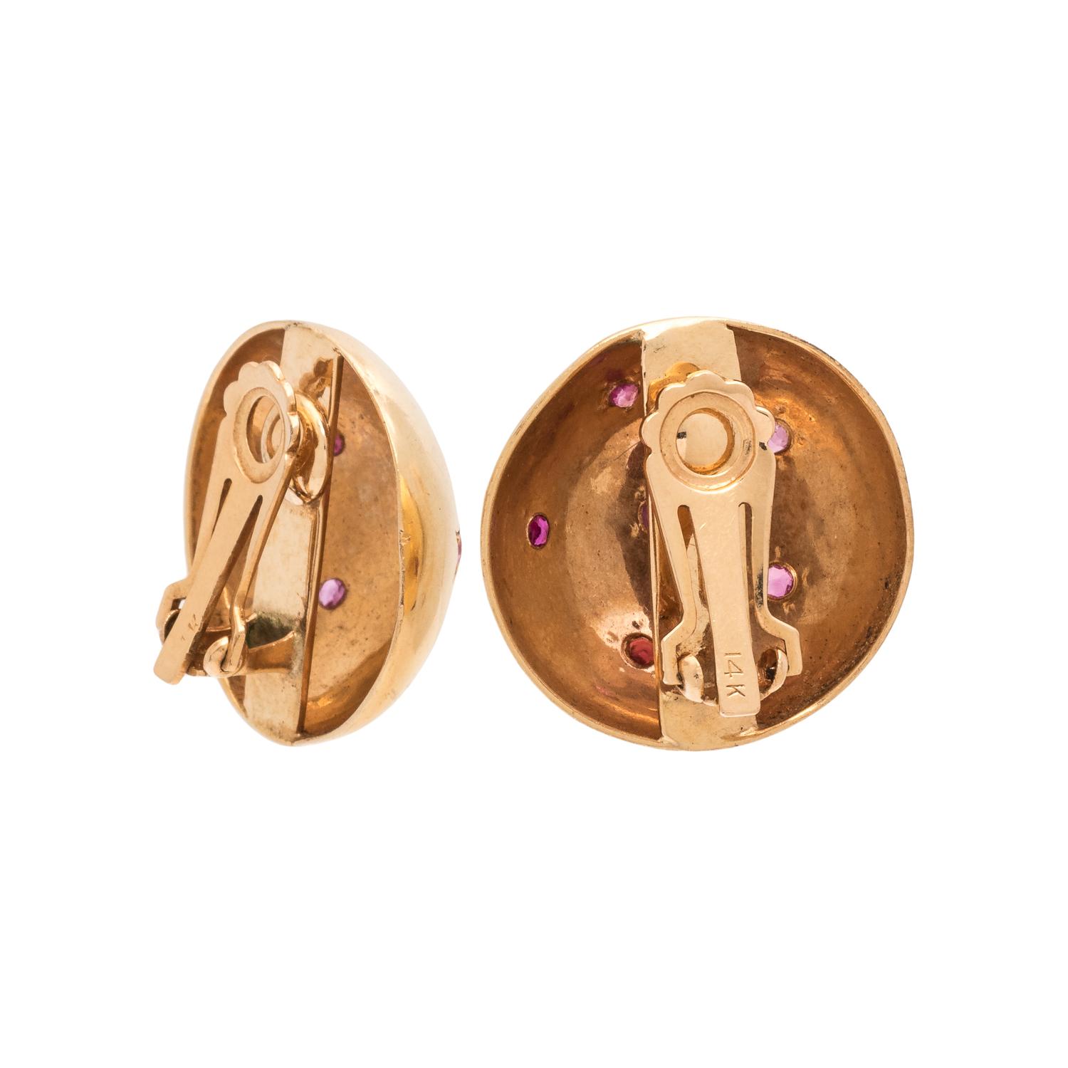 YELLOW GOLD AND SYNTHETIC RUBY EARCLIPS