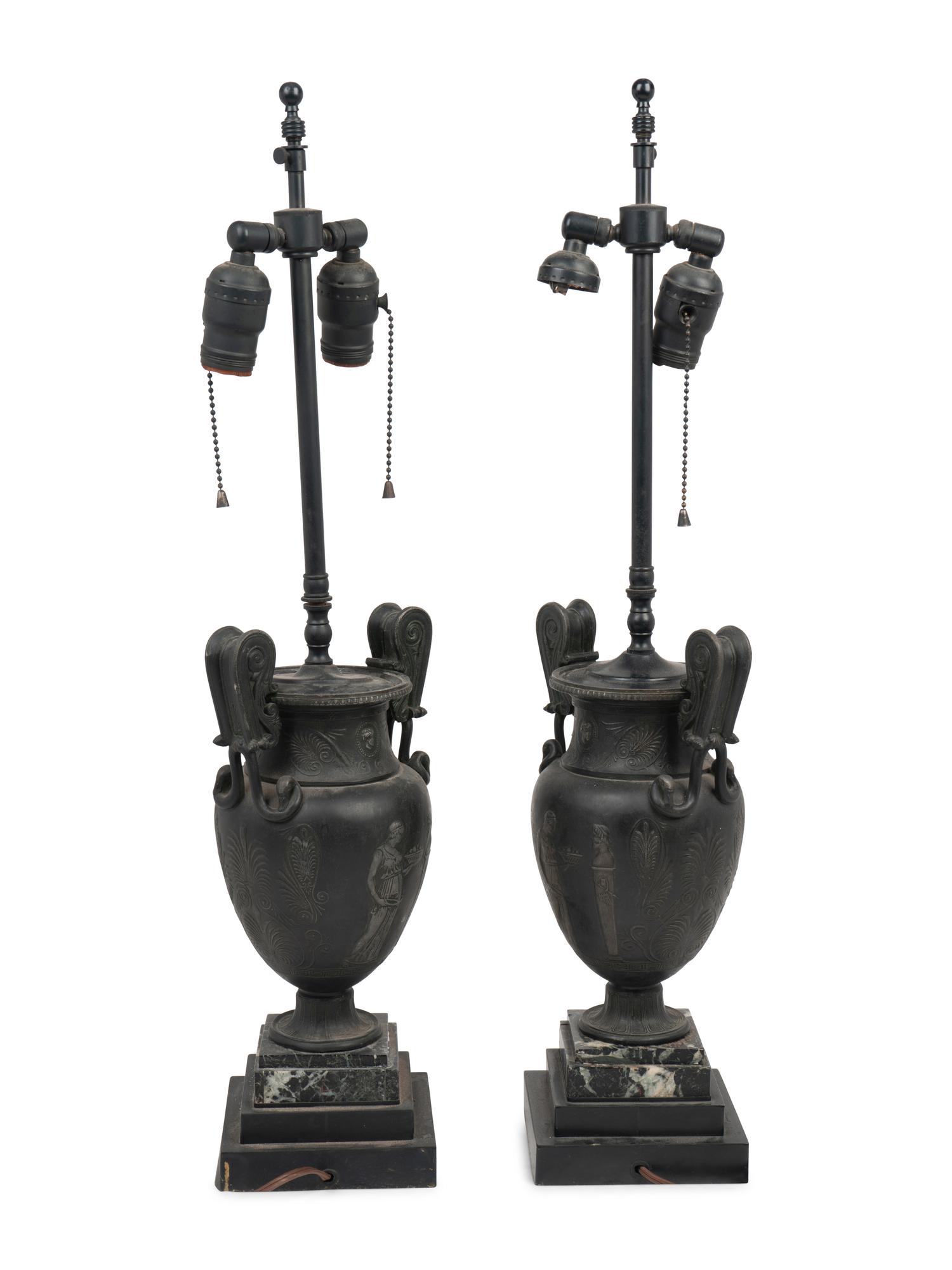 A Pair of Grand Tour Style Cast Metal Urns Mounted as Lamps with Marble Bases