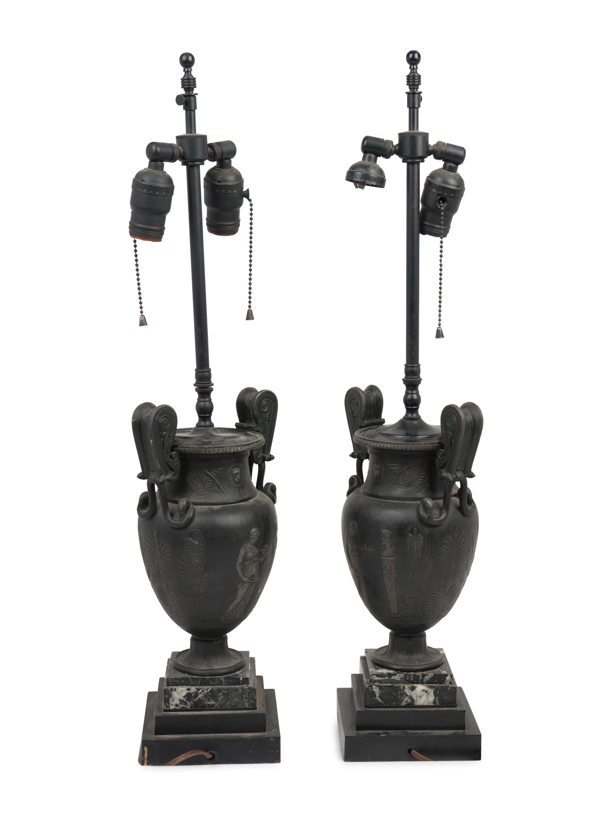 A Pair of Grand Tour Style Cast Metal Urns Mounted as Lamps with Marble Bases