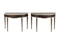 A Pair of Regency Style Painted Demilune Marble-Top Console Tables