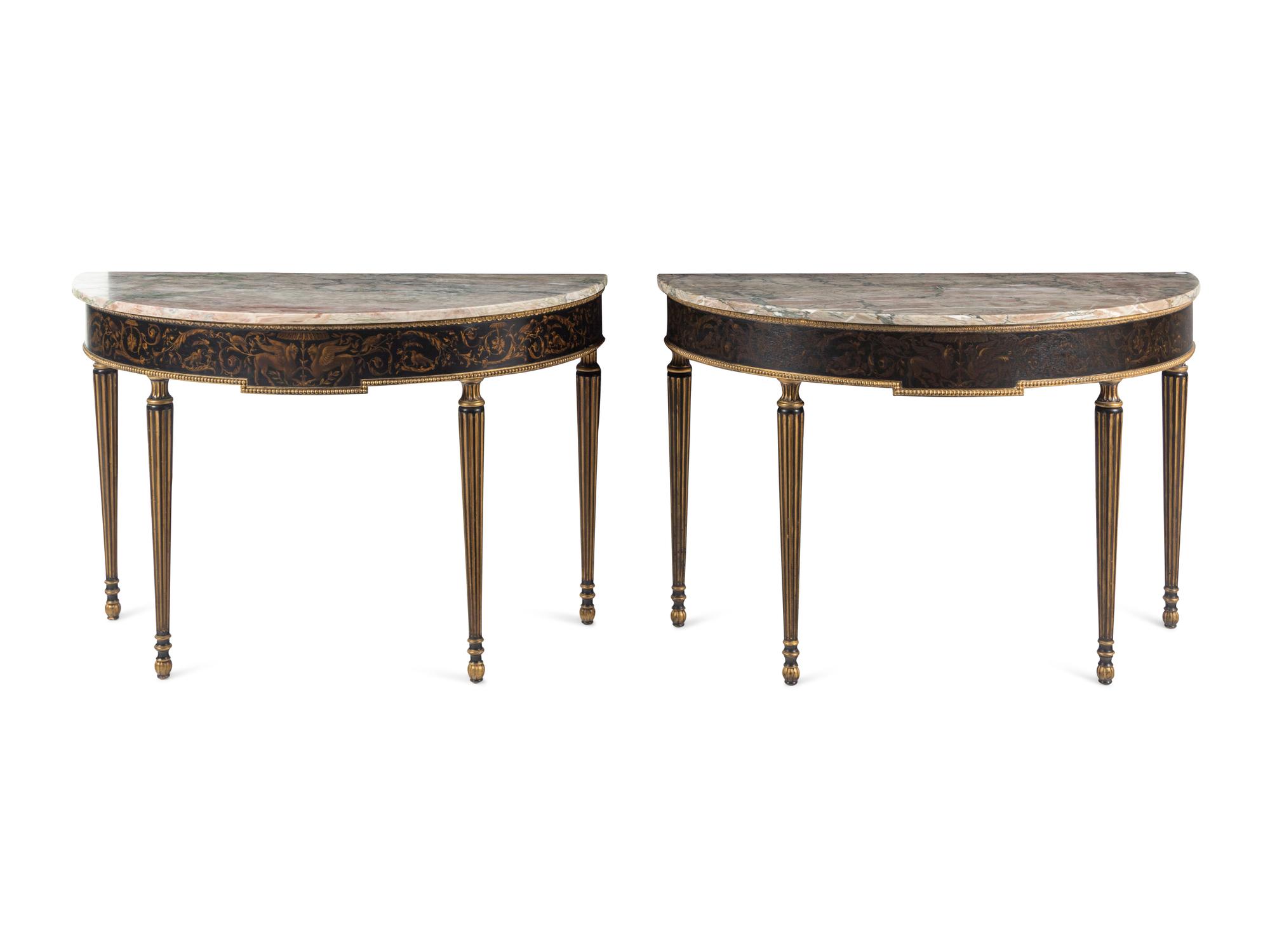 A Pair of Regency Style Painted Demilune Marble-Top Console Tables