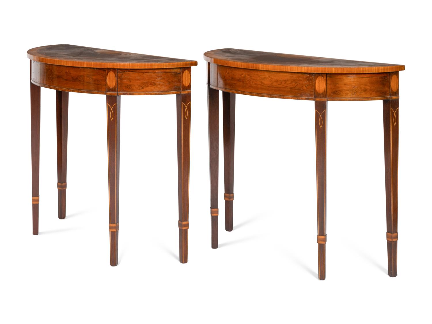 A Pair of Georgian Style Inlaid Demilune Console Tables