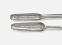 A group of three silver marrow scoops / spoons, two of New York historical interest, William Garret Forbes (1751-1840), George W. Welsh (active c. 1850s), New York, NY, and maker "JM," late 18th to mid-19th century