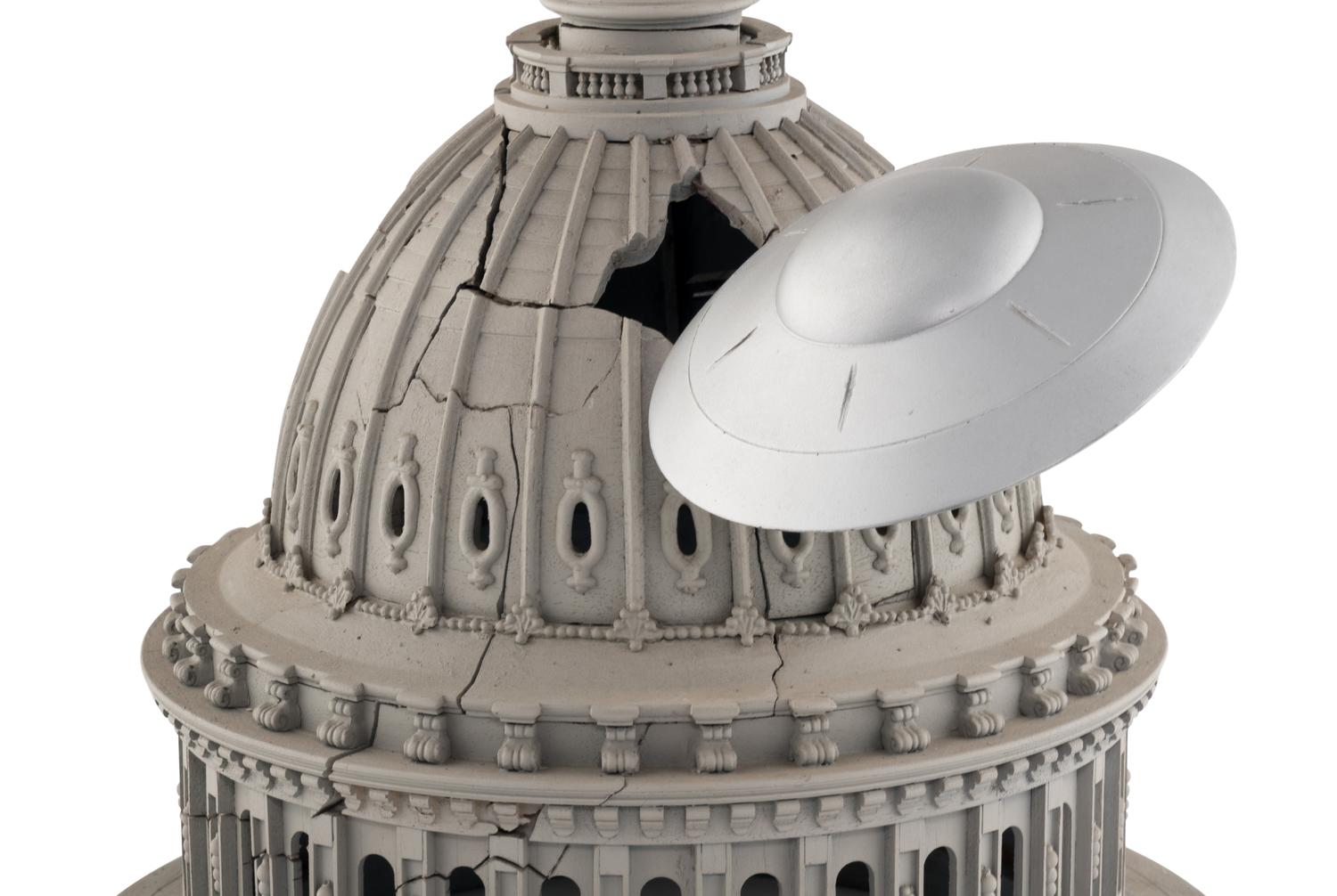 Capital dome and flying saucer special effects miniature from the film Earth vs. the Flying Saucers produced by Columbia Pictures. 1956.