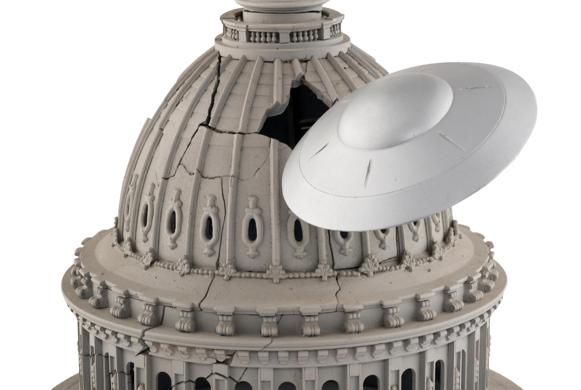 Capital dome and flying saucer special effects miniature from the film Earth vs. the Flying Saucers produced by Columbia Pictures. 1956.
