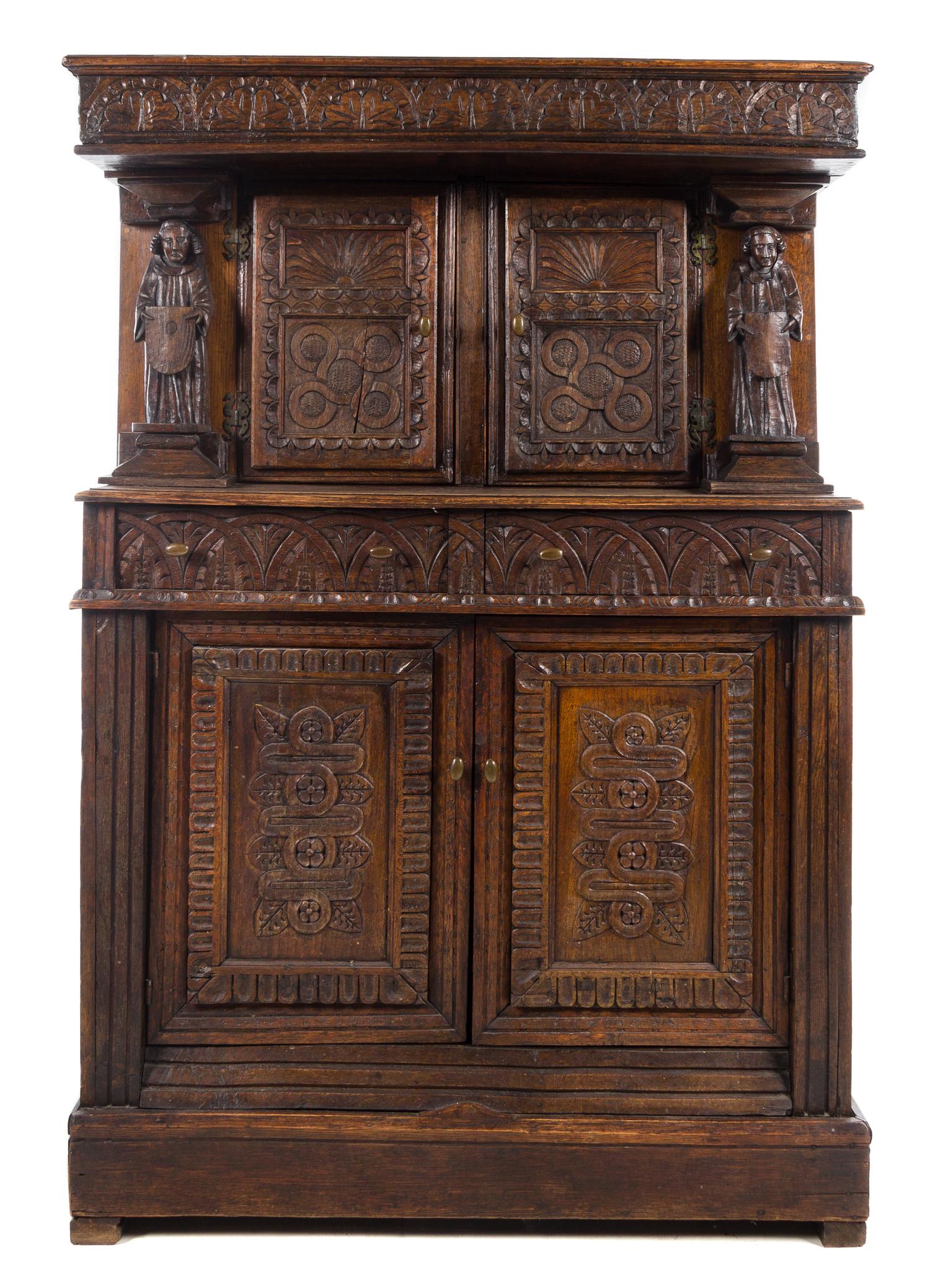 A Continental Oak Court Cupboard Height 72 3/8 x width 50 1/2 x depth 22 7/8 inches. — 19TH CENTURY