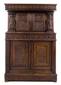 A Continental Oak Court Cupboard Height 72 3/8 x width 50 1/2 x depth 22 7/8 inches. — 19TH CENTURY