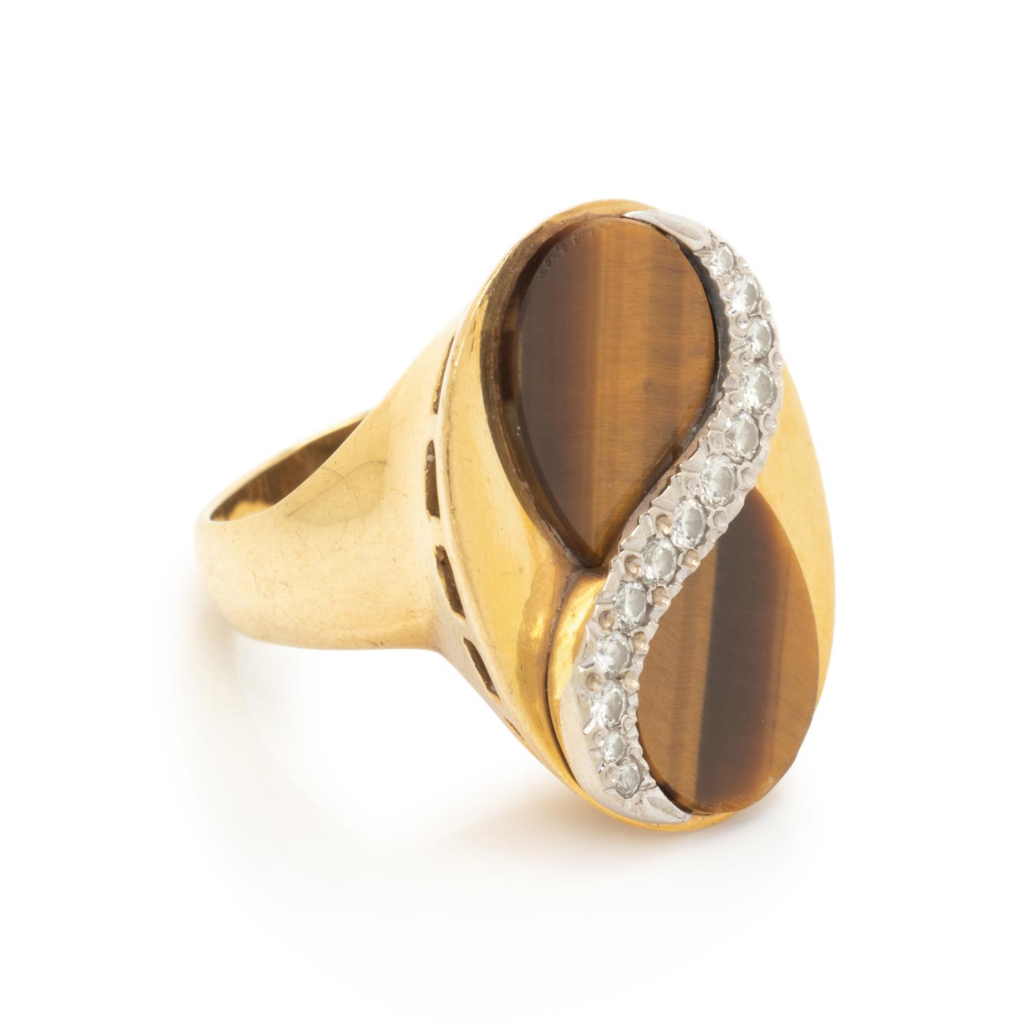 TIGER'S EYE, DIAMOND, AND GOLD RING
