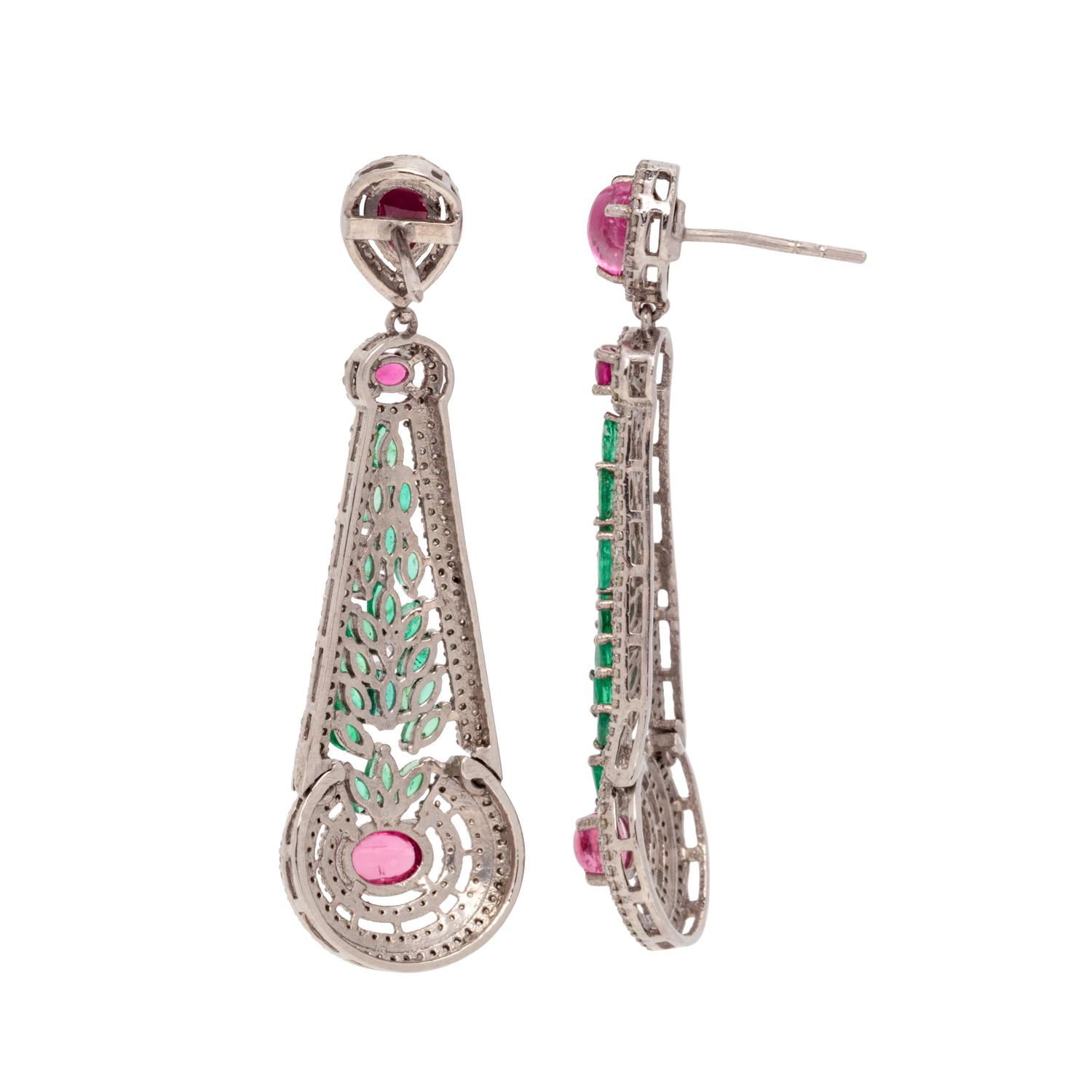 EMERALD, PINK TOURMALINE AND DIAMOND EARRINGS