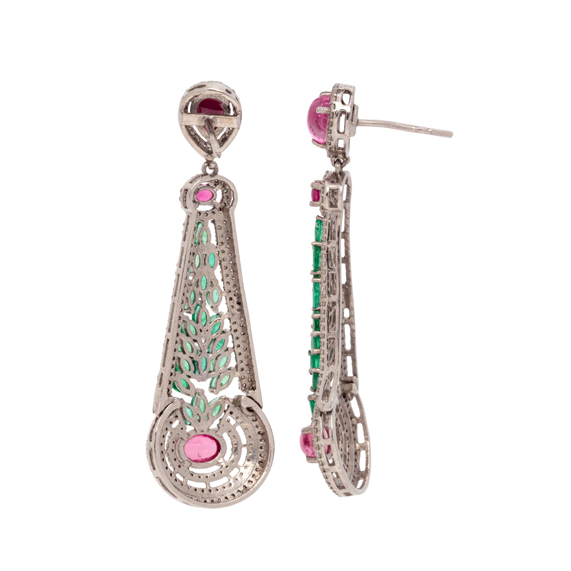 EMERALD, PINK TOURMALINE AND DIAMOND EARRINGS