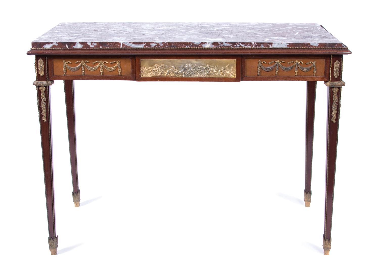 A Louis XVI Style Gilt Bronze Mounted and Rouge Marble Top Table Height 31 1/2 x width 43 1/2 x depth 24 inches. — 20TH CENTURY