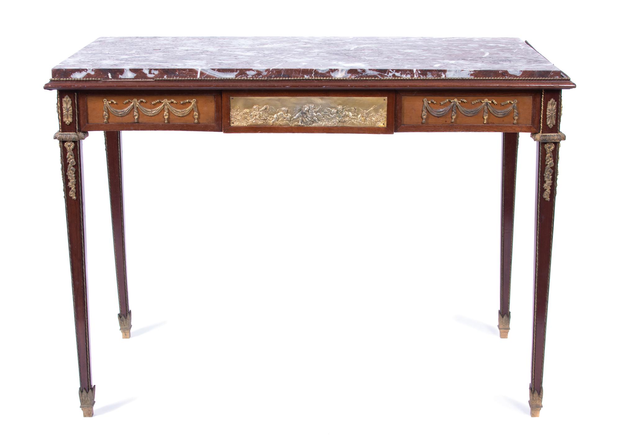 A Louis XVI Style Gilt Bronze Mounted and Rouge Marble Top Table Height 31 1/2 x width 43 1/2 x depth 24 inches. — 20TH CENTURY