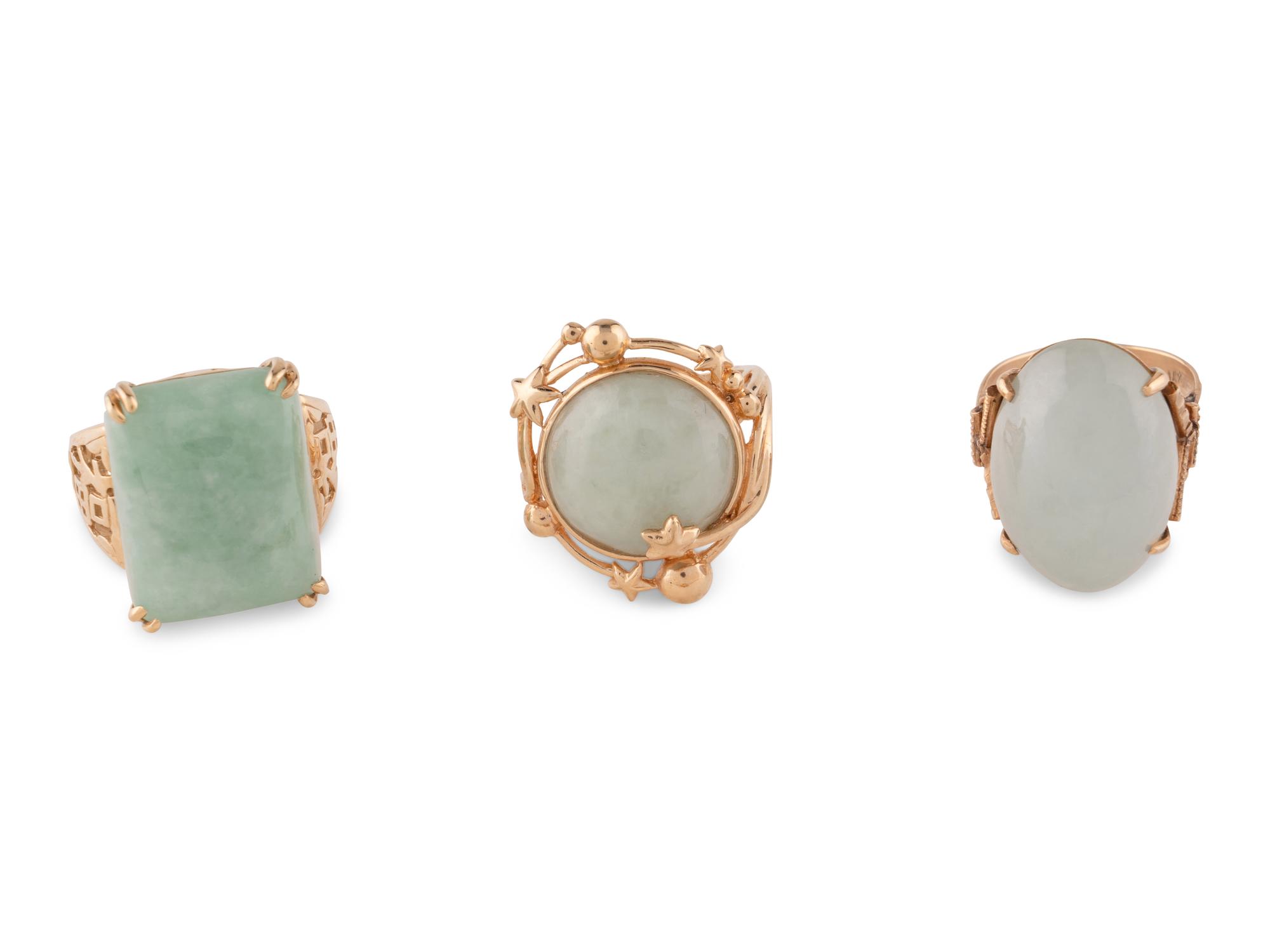 Seven Chinese 14K Yellow Gold Mounted Jadeite Jewelry