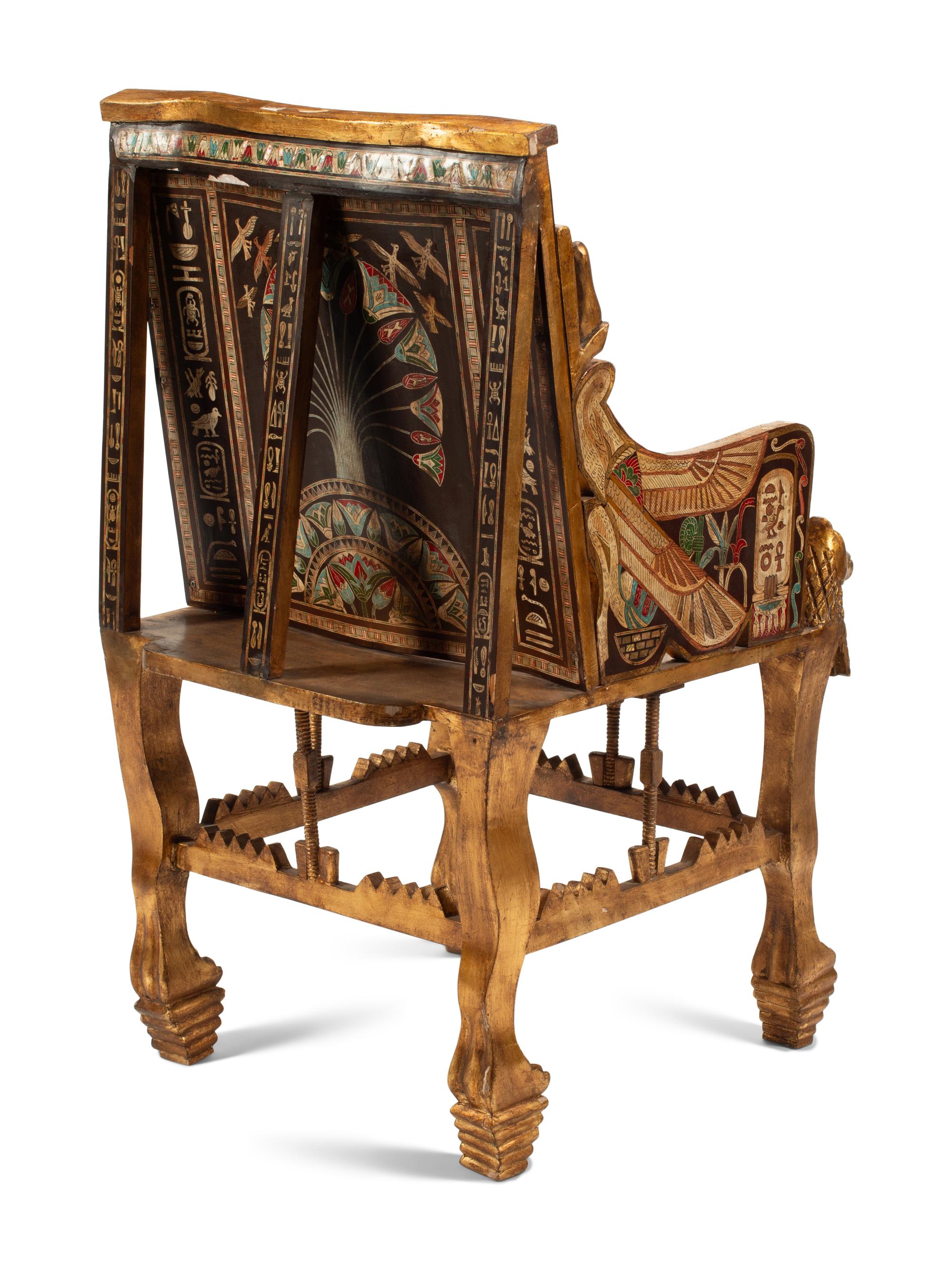 An Egyptian Style Abalone Inlaid Marquetry and Giltwood Armchair
