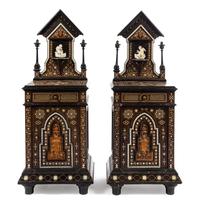 A Pair of North Italian Bone Inlaid and Parcel Ebonized Night Tables Height 54 3/4 x width 19 x depth 15 inches. — 19TH CENTURY